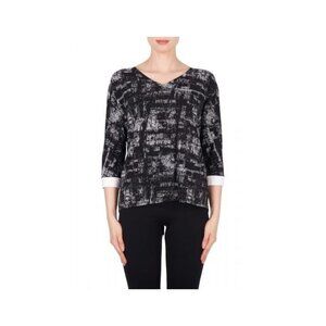 JOSEPH RIBKOFF 3/4 Sleeve Top Size 12 Black White Strap Shoulder Cuffs Stretchy